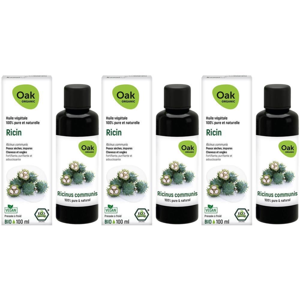 Cinq flacons avec bouchon noir et étiquette. Inscription: Oak Organic Ricin, huile végétale 100% pure et naturelle.