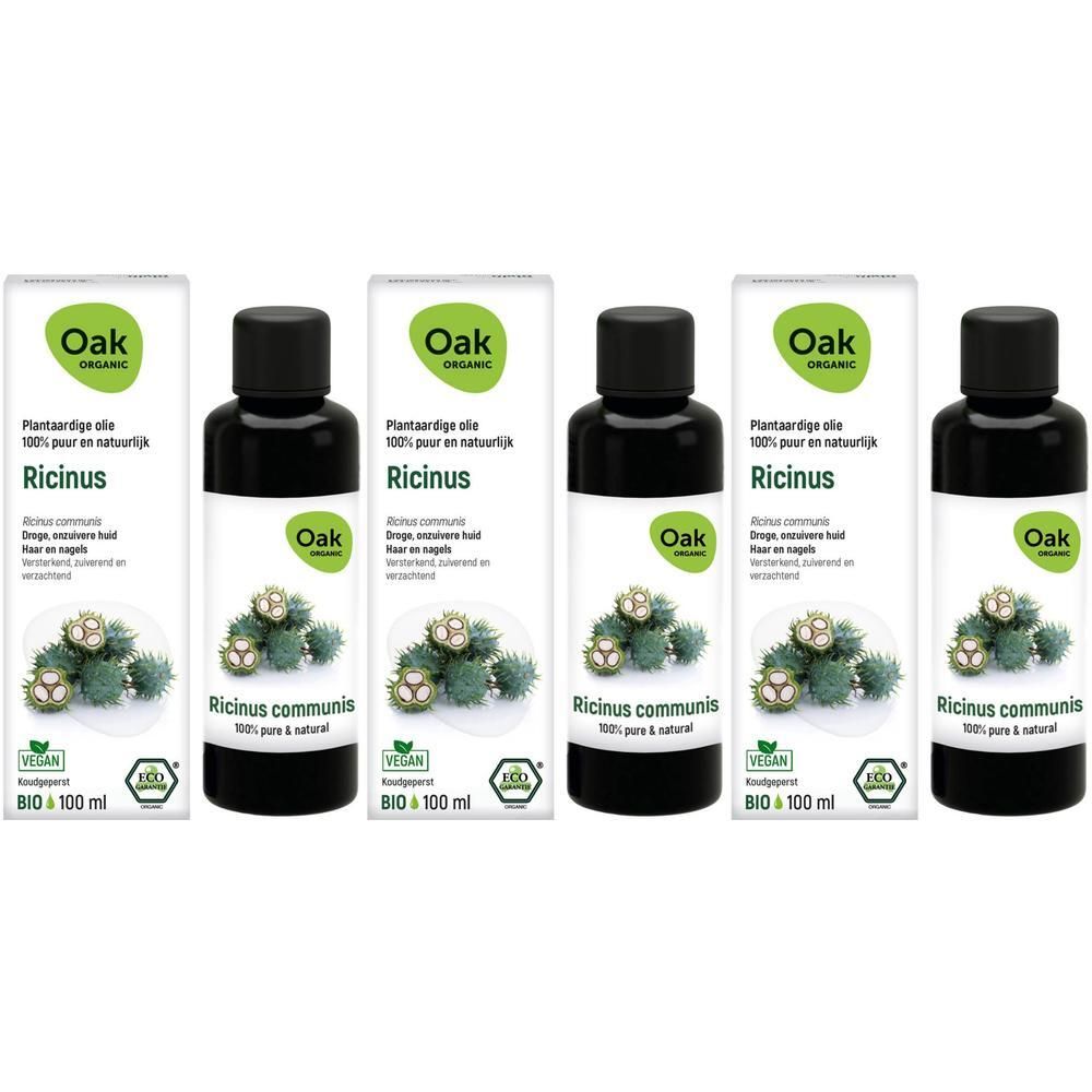 Vijf flessen met zwarte dop en etiket. Opschrift: Oak Organic Ricinus, plantaardige olie 100% pure et naturelle.