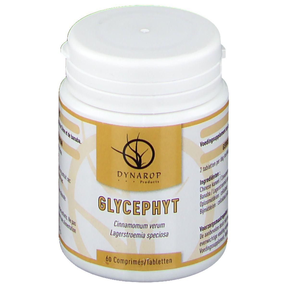 Flacon en plastique blanc avec bouchon à vis. Étiquette avec nom du produit Glycephyt et marque Dynarop. 60 comprimés.
