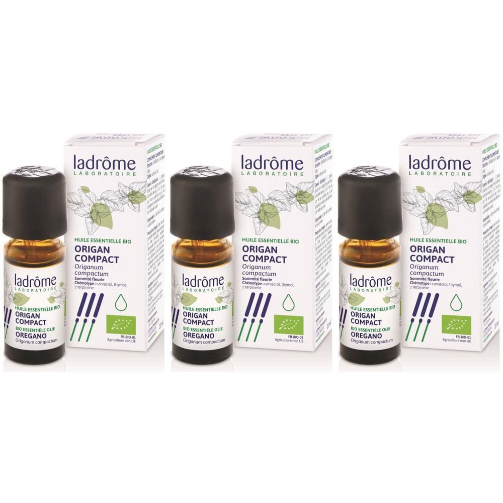 Trois flacons avec bouchon noir et emballage carton. Sur l'emballage, on lit "ORIGAN COMPACT" et "ladrôme LABORATOIRE".