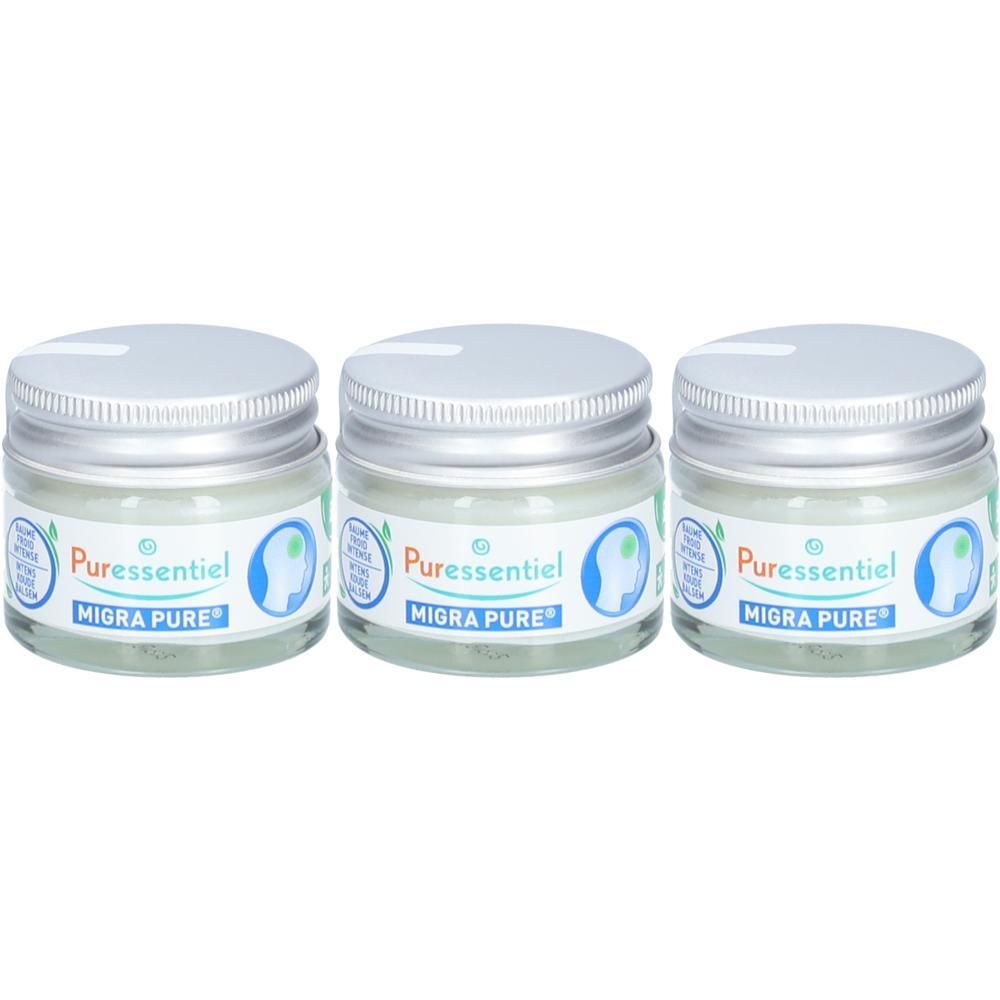 Trois petits pots avec couvercles argentés. Étiquettes : "Puressentiel Migra Pure".