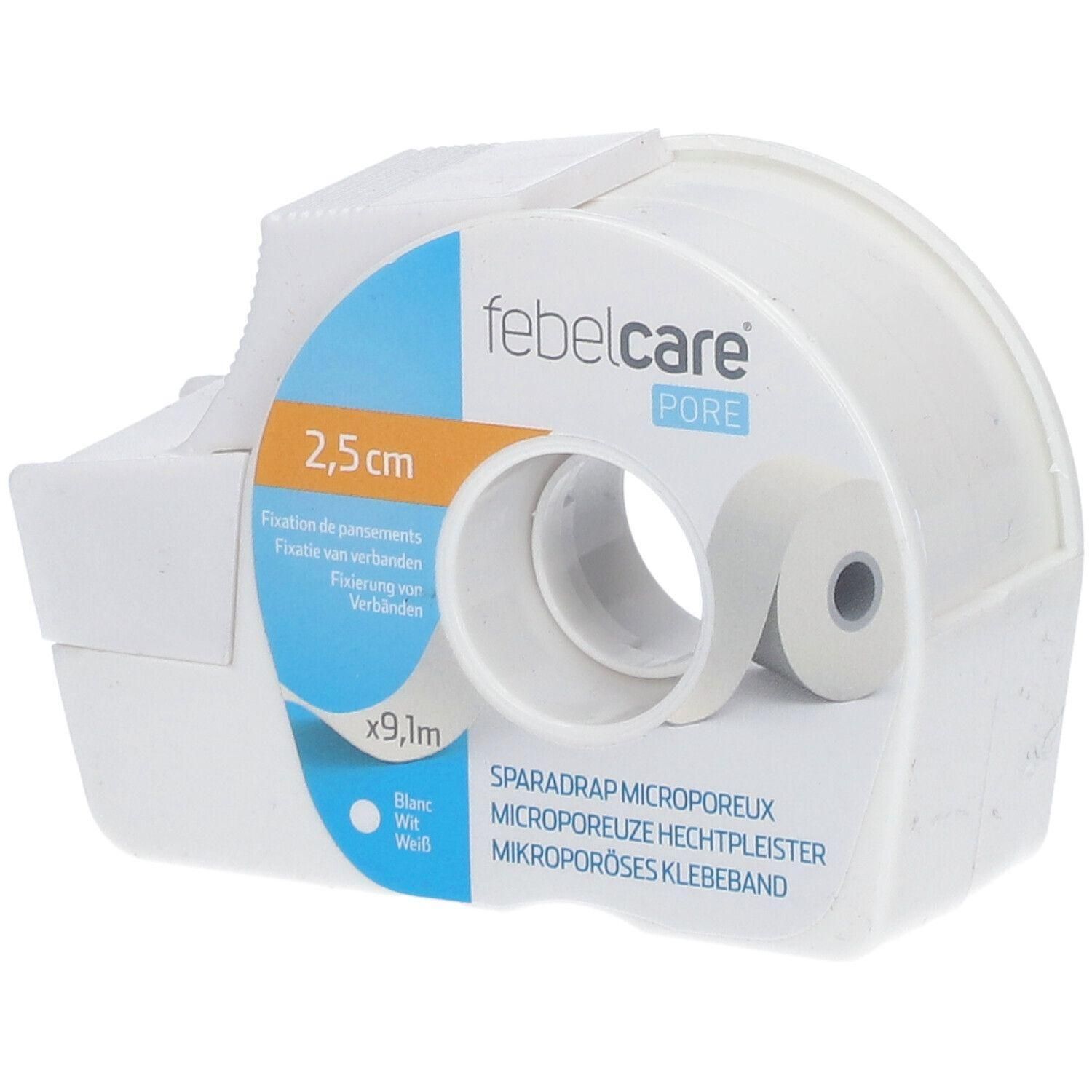 Sparadrap microporeux blanc en rouleau. Dimensions: 2,5 cm x 9,1 m. Marque: febelcare PORE. Fixation de pansements.