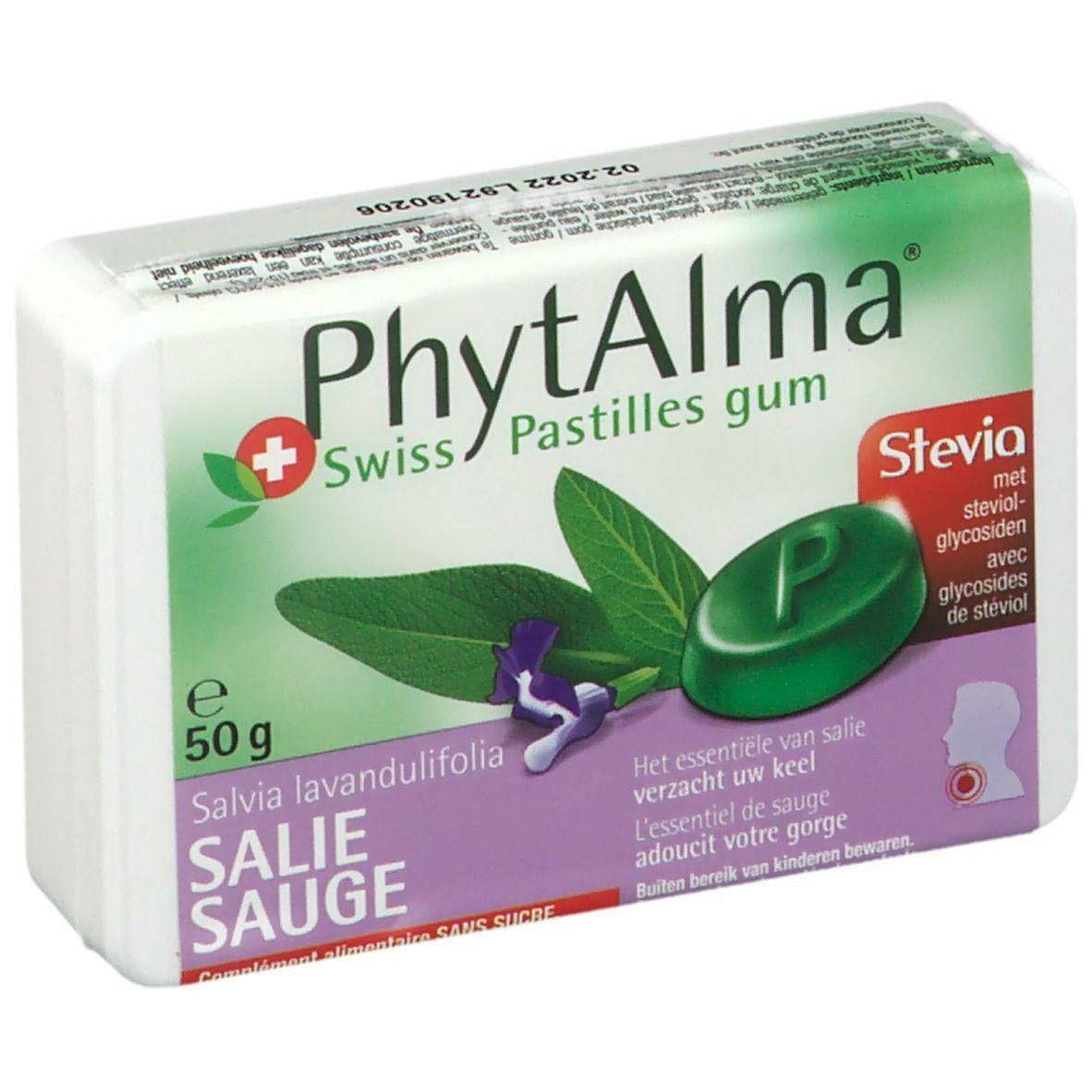 Boîte de pastilles PhytAlma Sauge Sans Sucre. Design vert et violet avec des feuilles et une pastille verte. Contient Stevia.
