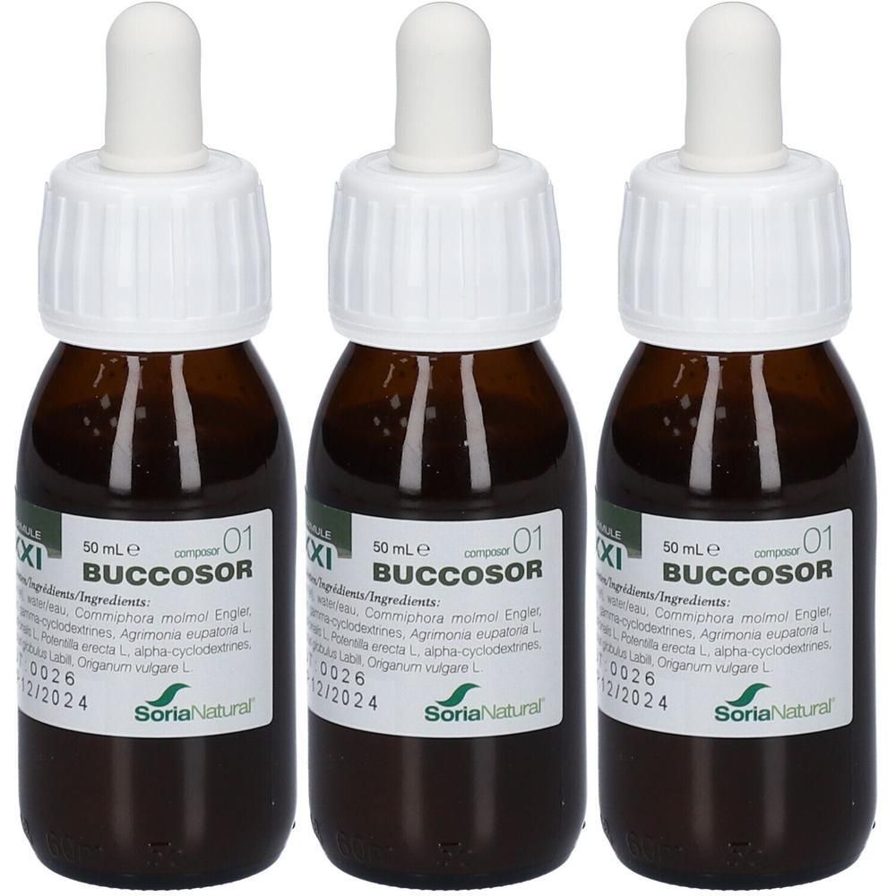 Trois flacons en verre brun avec bouchons blancs et étiquettes. Inscription : BUCCOSOR, 50 ml, Soria Natural. Date d'expiration : 12/2024.