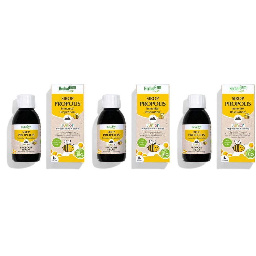 Plusieurs flacons et emballages de HerbalGem Propolis Junior Bio Sirop. Emballage jaune avec nom du produit et logo.