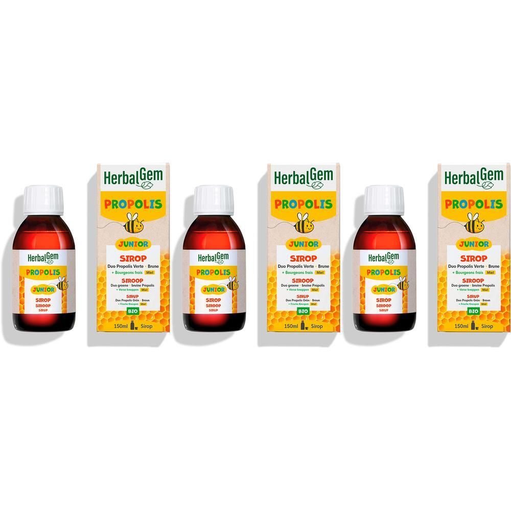 Meerdere flessen en verpakkingen van HerbalGem Propolis Junior Bio Sirop. Gele verpakking met productnaam en logo.