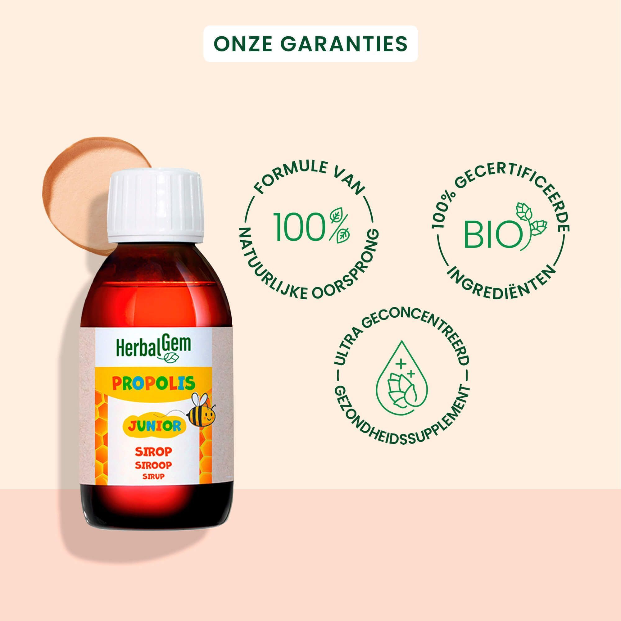 Een fles HerbalGem Propolis Junior Sirop. Tekst: Keelcomfort, Versterkt de natuurlijke afweer, Ideaal voor kinderen vanaf 6 jaar.