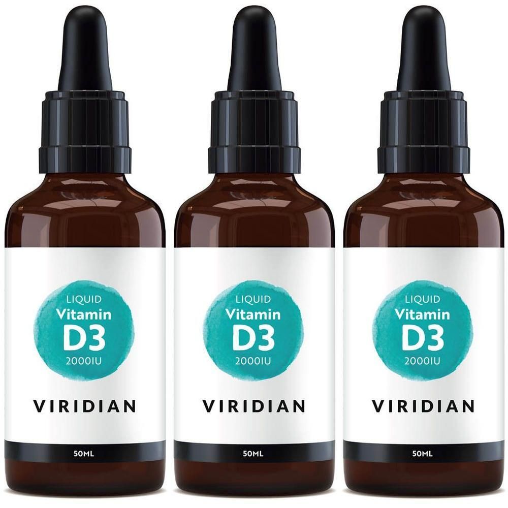 Trois flacons de Viridian Liquid Vitamine D3. Flacons en verre brun avec compte-gouttes noir. Inscription : Liquid Vitamine D3 2000IU.