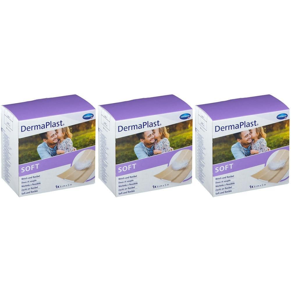 Drie dozen DermaPlast Soft. Op elke doos staan het logo en het woord "SOFT". Op de verpakking staat een foto van een stel.