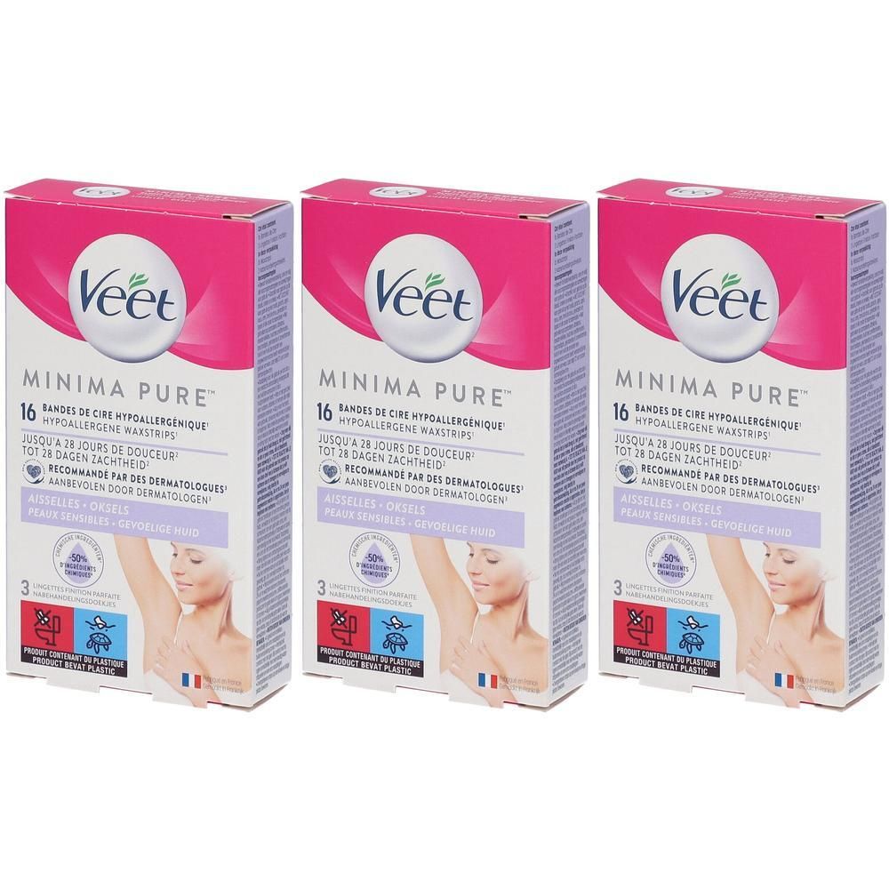 Trois boîtes de bandes de cire Veet Minima Pure. Emballage rose et blanc avec informations et image d'une femme.