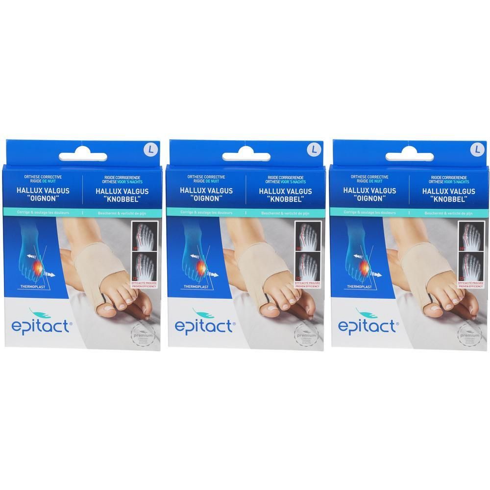 Trois boîtes d'orthèses Epitact® Hallux Valgus. Emballage bleu avec illustration du produit et radiographies. Inscription : Hallux Valgus.