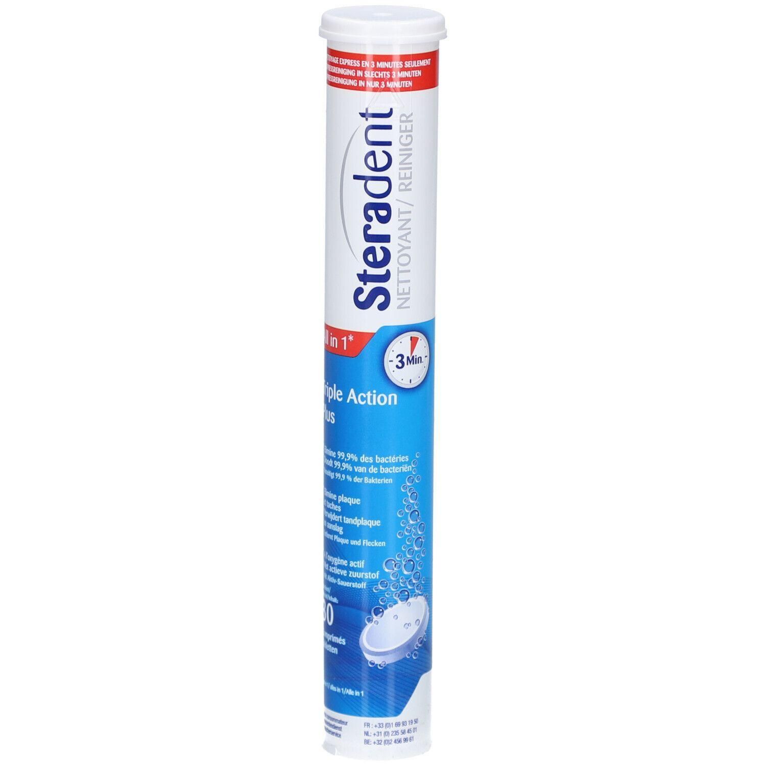 Cilindrische verpakking van Steradent Triple Action Plus. Witte dop, blauwe body met productinformatie en logo.