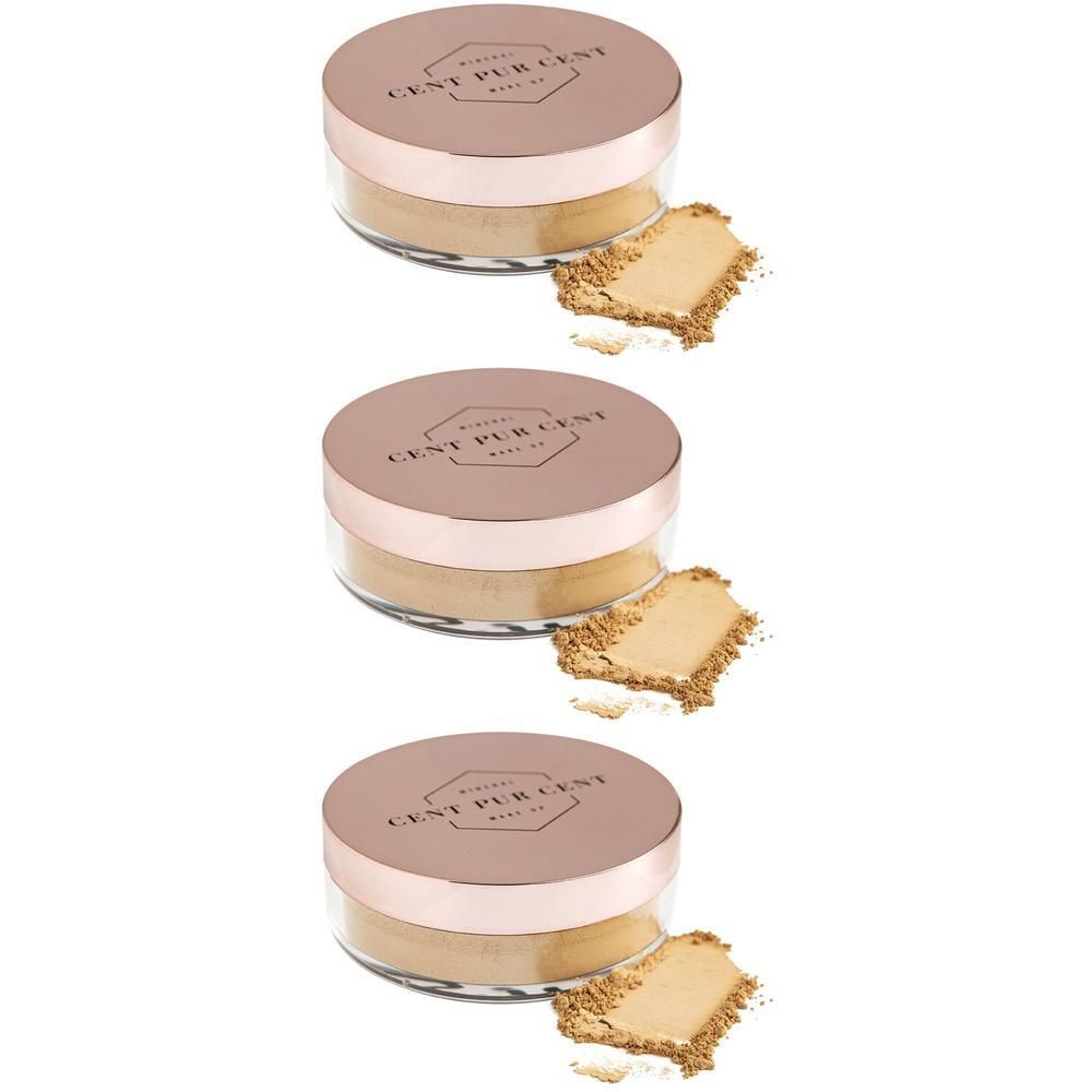 Drie potjes poedermake-up met roségouden deksels. Daarnaast een hoopje poeder. Op de deksels staat "Cent Pur Cent".