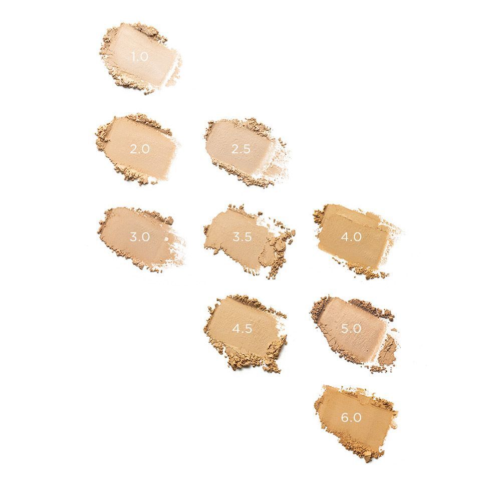 Huit échantillons de poudre de maquillage de différentes teintes. Chaque échantillon est numéroté, de 1.0 à 6.0.