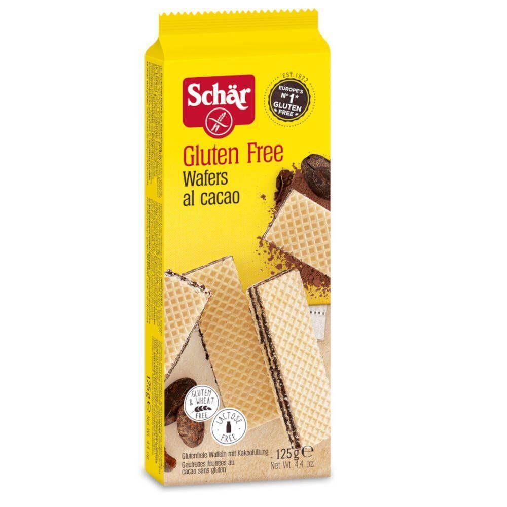 Paquet jaune avec logo Schär et inscription Gluten Free Wafers al cacao. Sans gluten et sans lactose. Gaufrettes au cacao représentées.