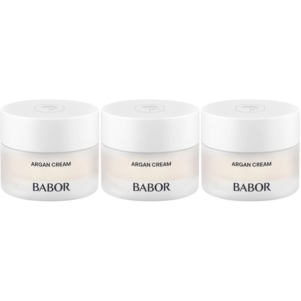 Drie potten Babor Crème d'Argan. Witte deksels, transparante potten. Opschrift: ARGAN CREAM, BABOR.
