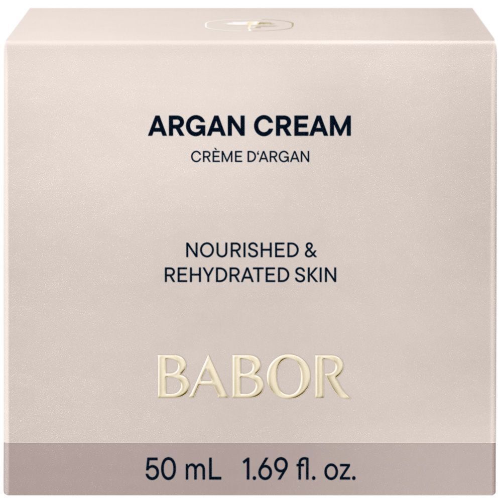 Emballage de Babor Crème d'Argan. Inscription: ARGAN CREAM, CRÈME D'ARGAN, NOURISHED & REHYDRATED SKIN, BABOR.