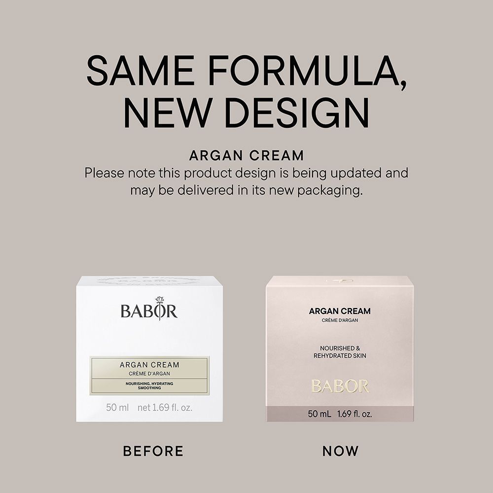 Vergelijking van verpakkingen Babor Crème d'Argan. Links: oude verpakking. Rechts: nieuwe verpakking. Tekst: SAME FORMULA, NEW DESIGN.