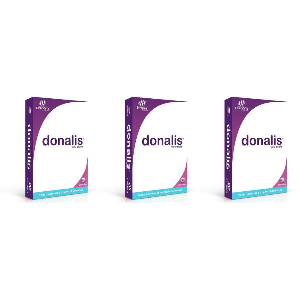 Trois boîtes blanches avec des accents violets et bleus. Le mot "donalis" est écrit en blanc. Le logo est en haut à gauche.
