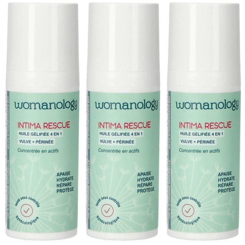 Drie flessen Intima Rescue. Witte en groene etiketten. Tekst: Womanology, Intima Rescue, Huile Gélifiée 4 en 1, Vulve + Périnée.