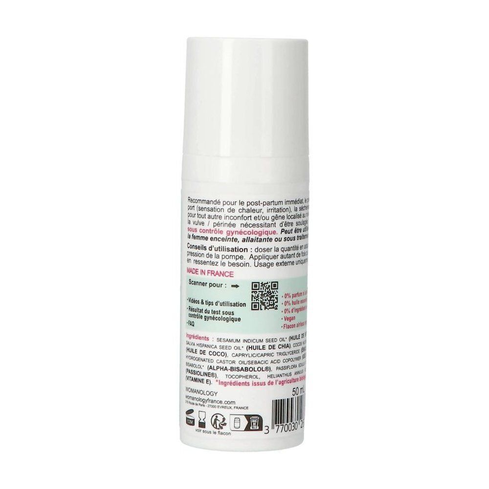 Fles Intima Rescue, achterkant. Tekst: Womanology, ingrediënten, gebruiksaanwijzing, Made in France, 50ml.