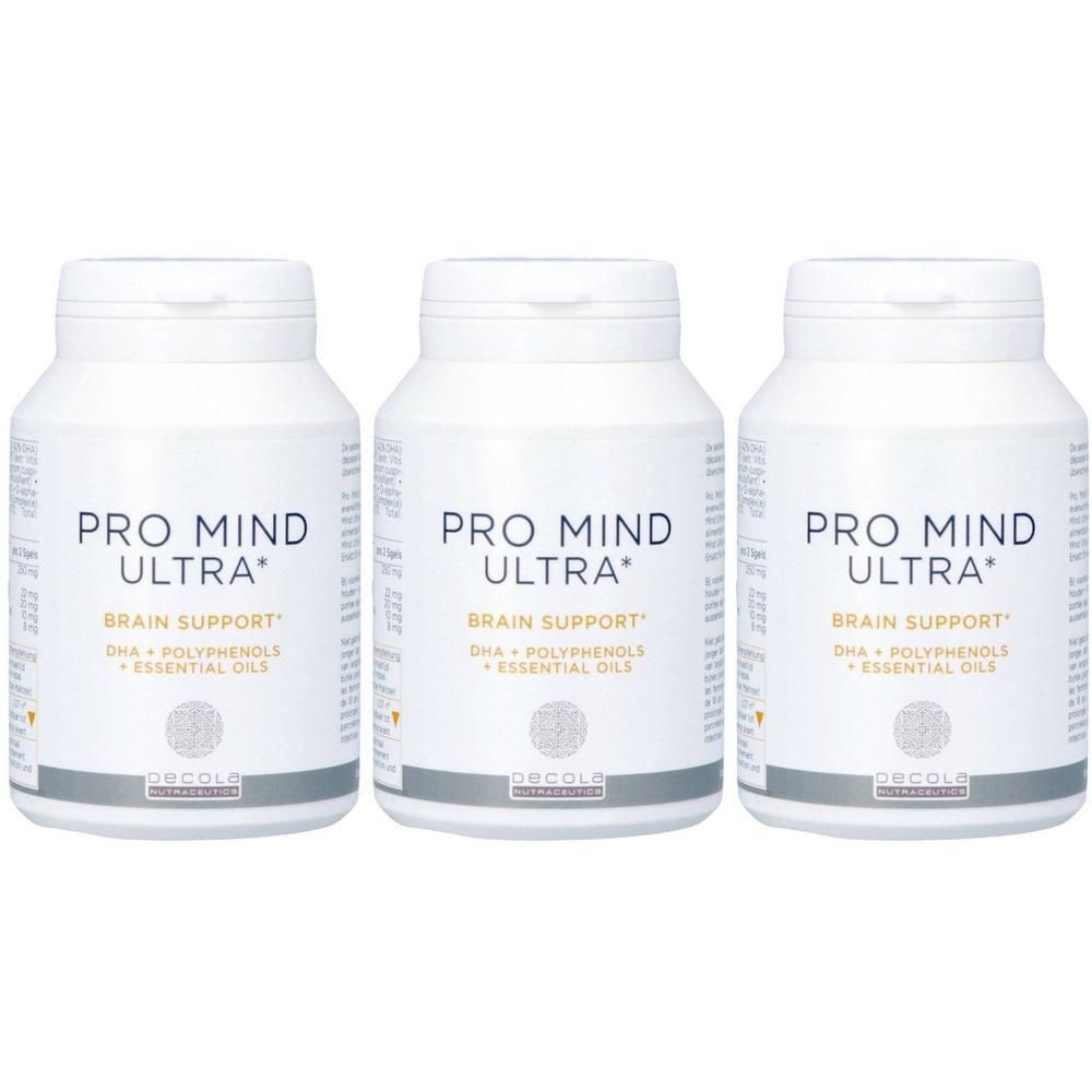 Trois flacons blancs "PRO MIND ULTRA". Inscription: Brain Support, DHA + polyphénols + huiles essentielles. Marque DECOLE.