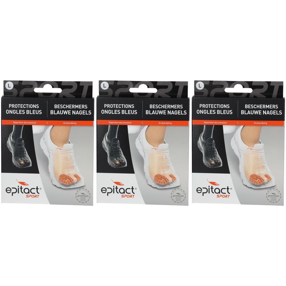 Trois boîtes Epitact Sport Protections Ongles Bleus Large. Emballage noir avec image produit et logo. Taille L.