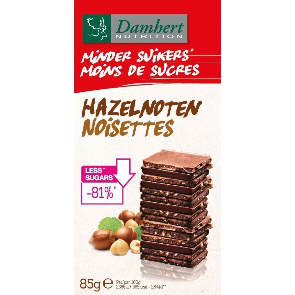 Tablette de chocolat aux noisettes. Inscription: Damhert Nutrition, Moins de Sucres, Noisettes. Moins de sucre -81%. 85g.
