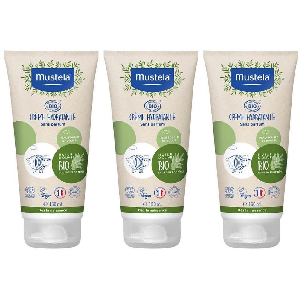 Trois tubes de crème Mustela BIO Crème Hydratante sans parfum. Contient un logo BIO, de l'huile d'olive et 150ml.
