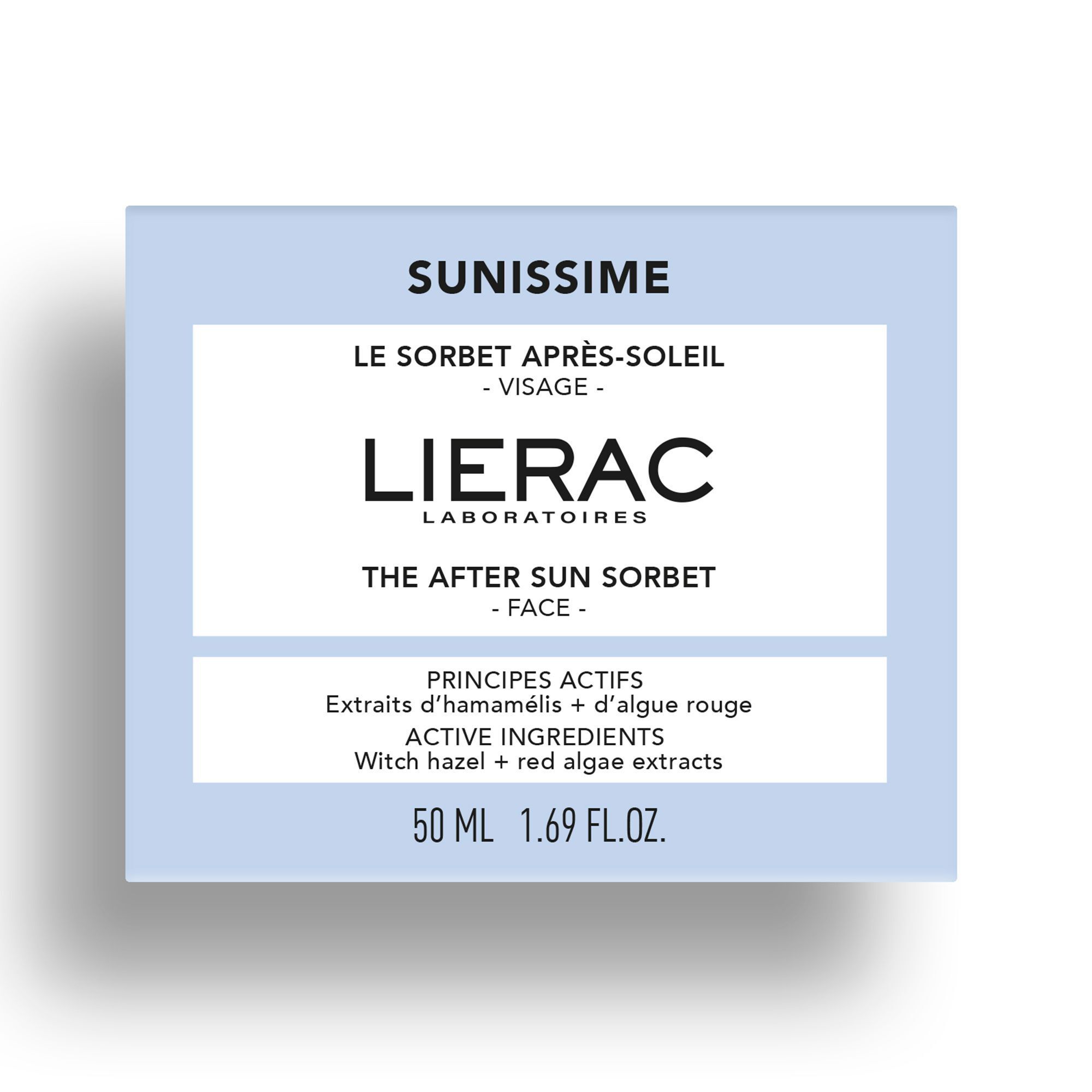 Lichtblauwe vierkant met productinformatie. Bovenaan staat "SUNISSIME", daaronder "LIERAC". Tekst: "LE SORBET APRES SOLEIL - VISAGE". 