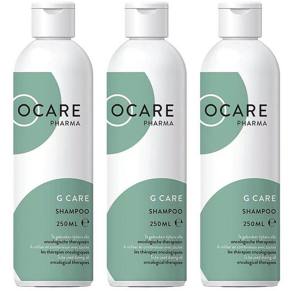 Trois flacons blancs avec bouchon rabattable. Sur chaque flacon, OCARE PHARMA, G CARE SHAMPOO et 250ml sont écrits.