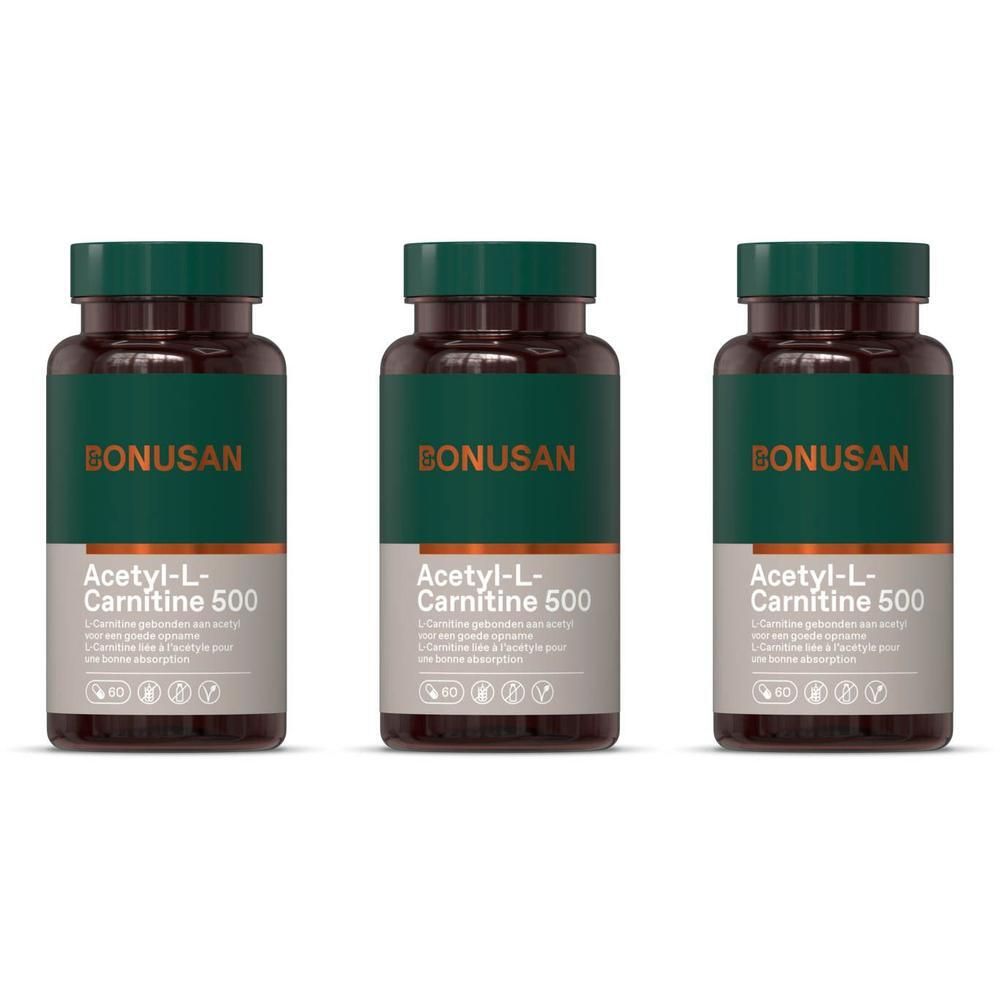 Trois flacons de Bonusan Acétyl-L-Carnitine 500. Flacons en verre brun avec couvercle et étiquette verts. Inscription: BONUSAN, Acétyl-L-Carnitine 500.