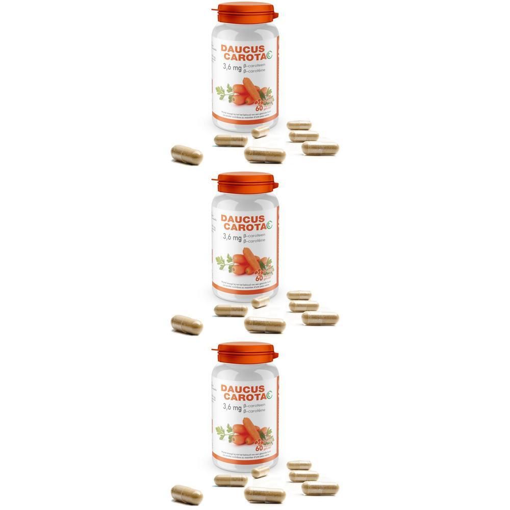 Trois flacons avec couvercle orange et inscription DAUCUS CAROTA. Capsules à côté.