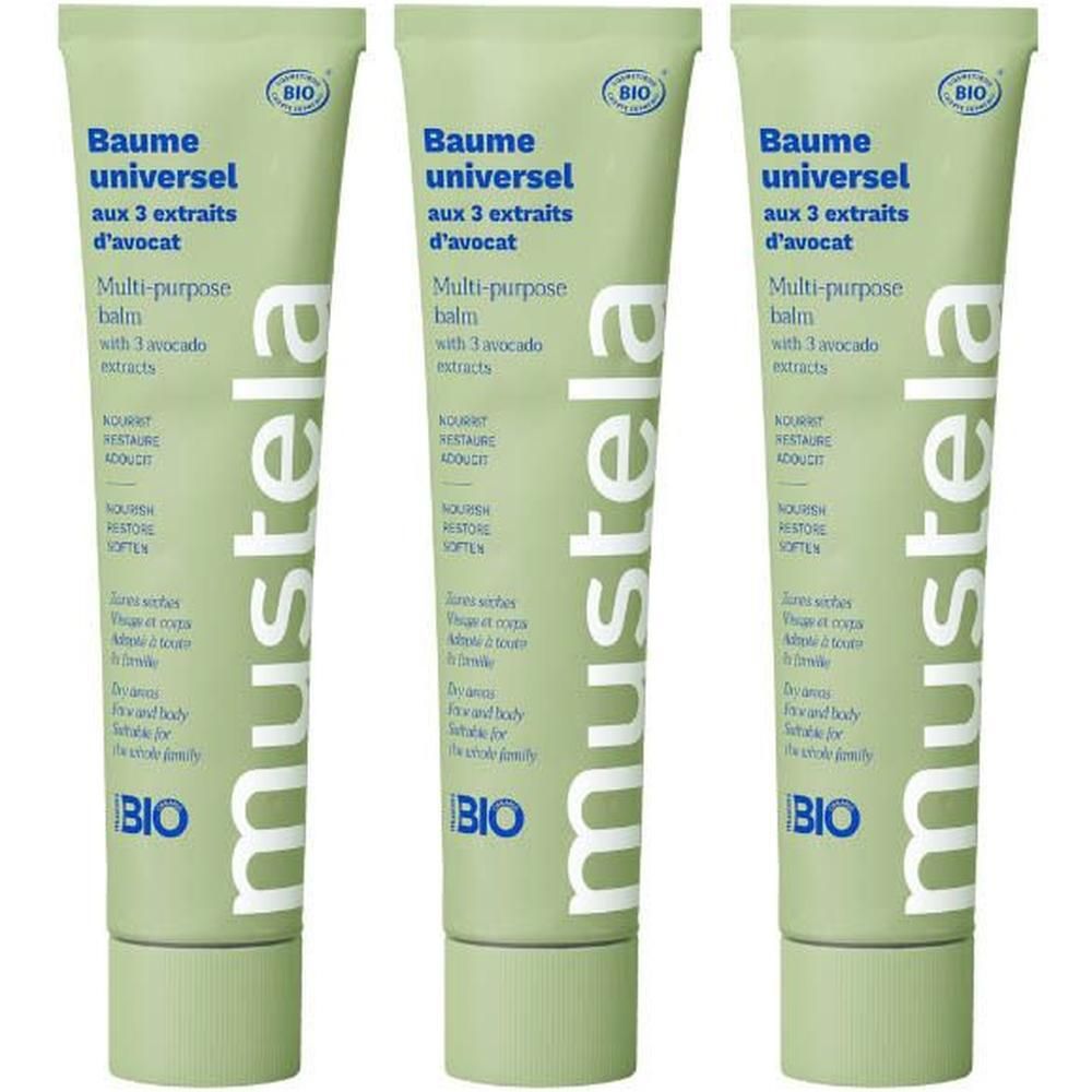Drie groene tubes met de tekst "Baume universel aux 3 extraits d'avocat". Het product draagt het bio-label en de merknaam Mustela.