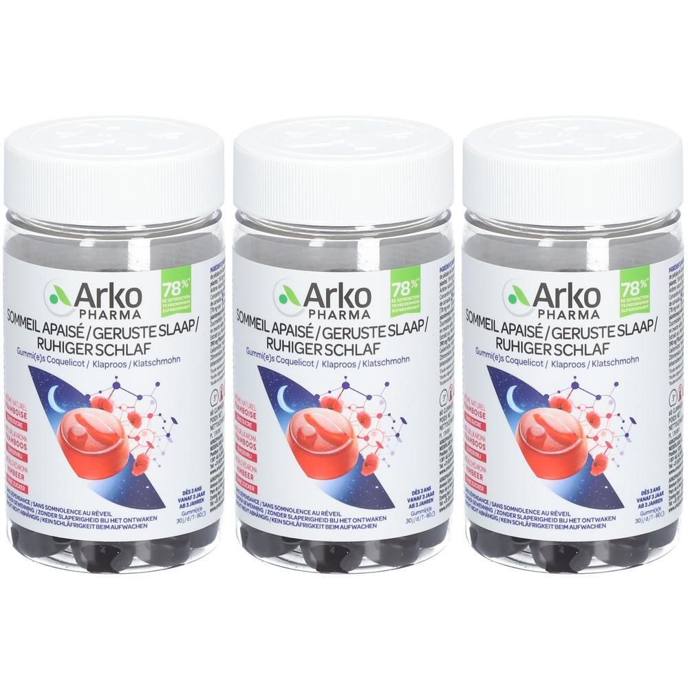 Drie transparante potten met witte deksels. De etiketten tonen "Arko Pharma" en "Sommeil Apaisé/Geruste Slaap/Ruhiger Schlaf".