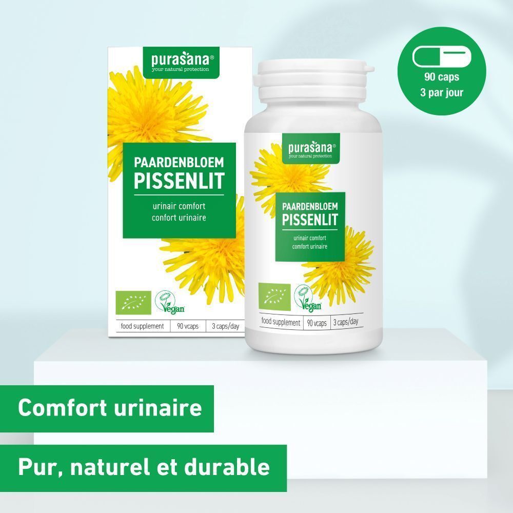 Flacon blanc et boîte avec étiquette jaune. Inscription: Pissenlit, confort urinaire. Logo vegan. Texte: Pur, naturel et durable.