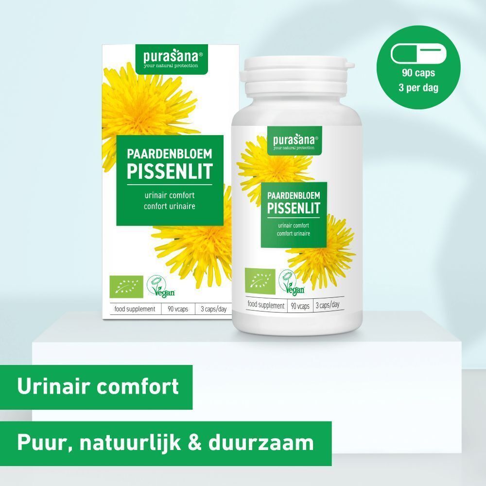 Witte fles en doos met geel etiket. Opschrift: Pissenlit, comfort urinaire. Vegan-logo. Tekst: Pur, natuurlijk & duurzaam.