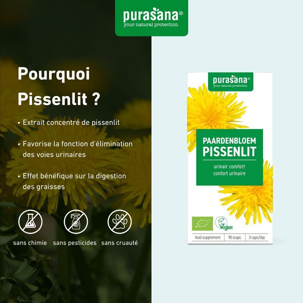 Image publicitaire avec texte et produit. Inscription: Pissenlit, confort urinaire. Logo vegan. Texte: sans chimie, sans pesticides, sans cruauté.