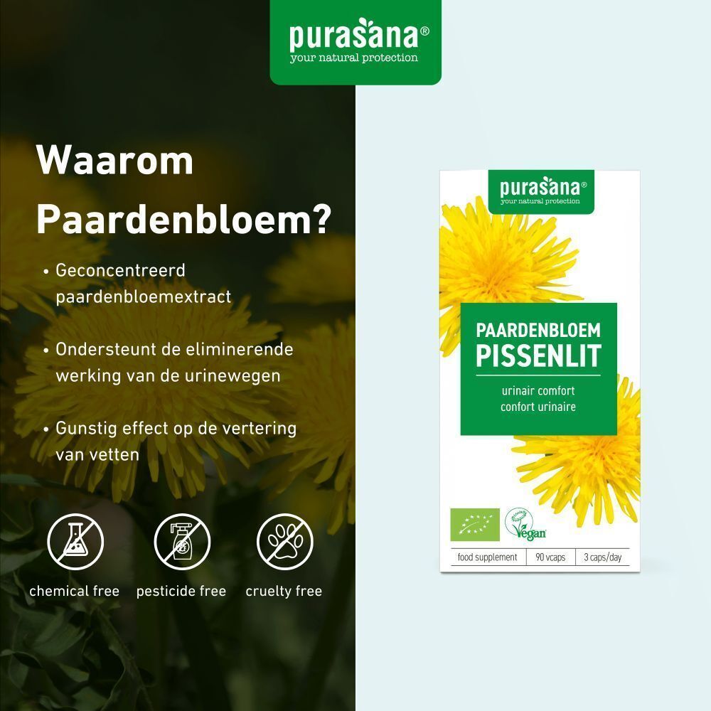 Reclamebeeld met tekst en product. Opschrift: Pissenlit, comfort urinaire. Vegan-logo. Tekst: chemical free, pesticide free, cruelty free.