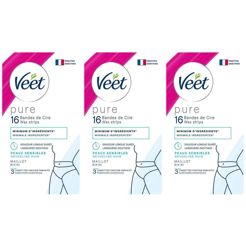 Trois boîtes de bandes de cire Veet Pure pour peaux sensibles. Chaque boîte contient 16 bandes et 3 lingettes.