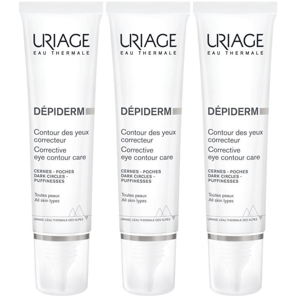 Drie tubes Uriage Dépiderm oogcontourverzorging. Wit, blauwe en zwarte tekst. Voor alle huidtypen.