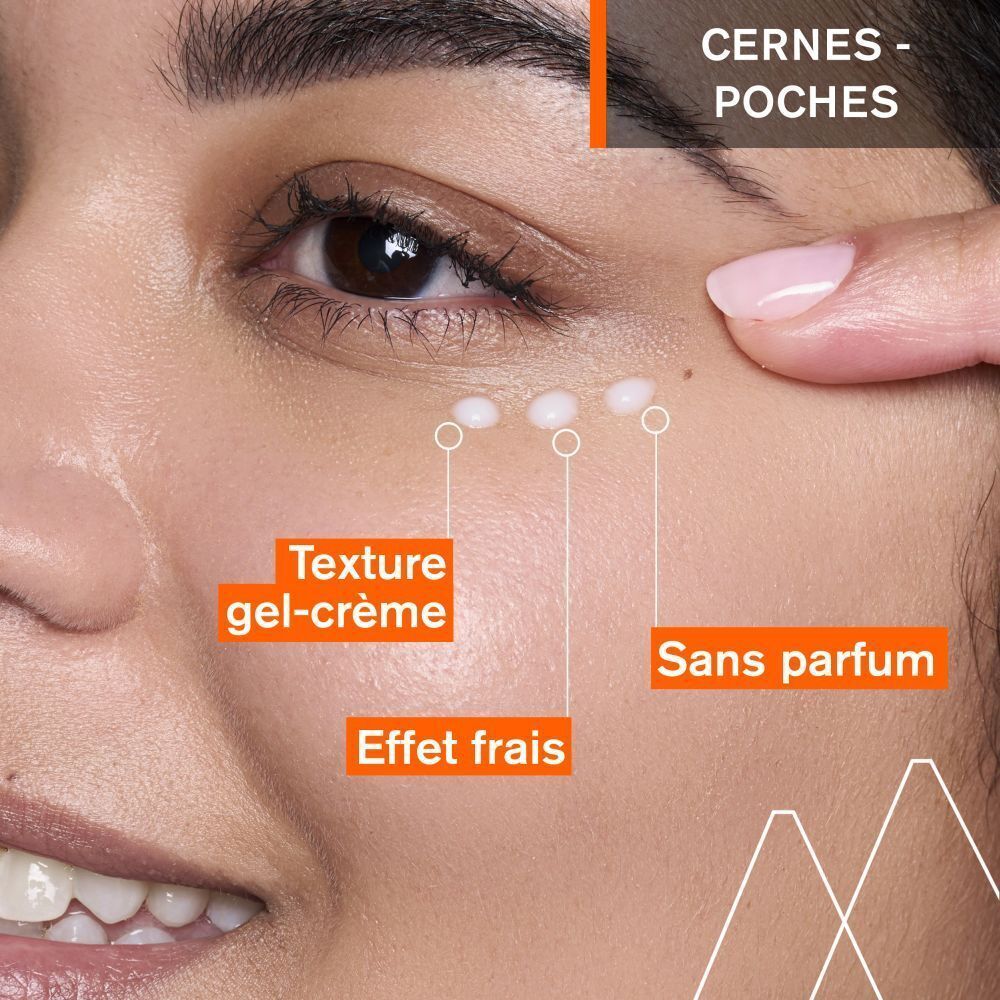 Gros plan sur un visage. Texture gel-crème, sans parfum, effet frais. Texte : Cernes-poches.