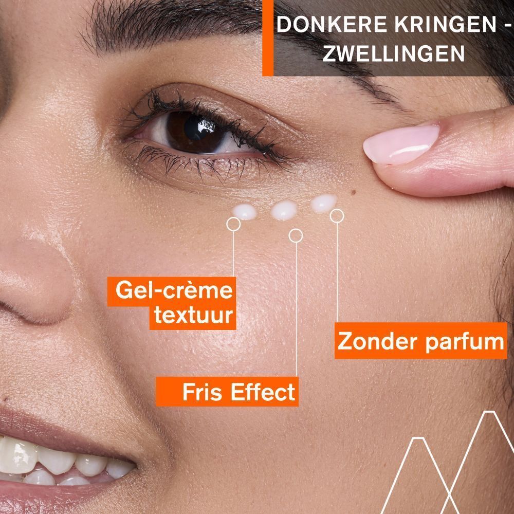Close-up van een gezicht. Gel-crème textuur, zonder parfum, fris effect. Tekst: Donkere kringen-wallen.