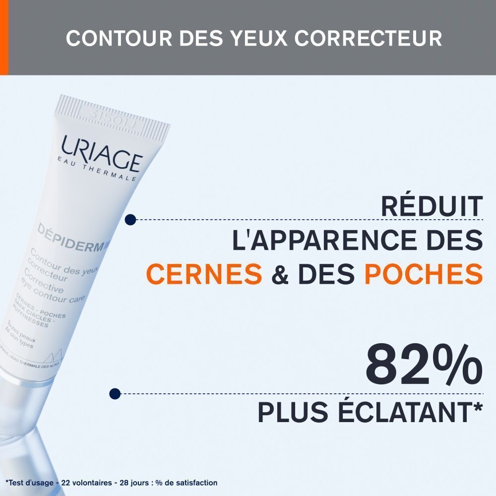 Tube de soin contour des yeux Uriage Dépiderm. Réduit l'apparence des cernes et poches. 82% plus éclatant.