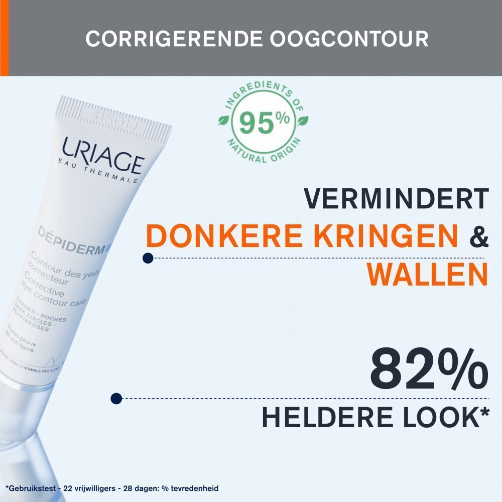 Tube Uriage Dépiderm oogcontourverzorging. Vermindert donkere kringen en wallen. 82% helderdere look.
