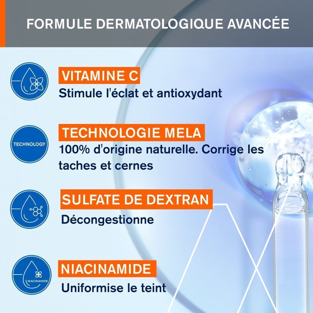Formule avec vitamine C, technologie Mela, sulfate de dextran et niacinamide. Icônes bleues et texte.
