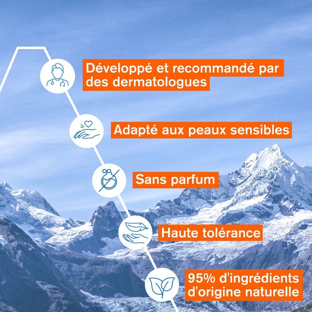 Développé et recommandé par des dermatologues. Adapté aux peaux sensibles. Sans parfum. Haute tolérance. 95% d'ingrédients d'origine naturelle.