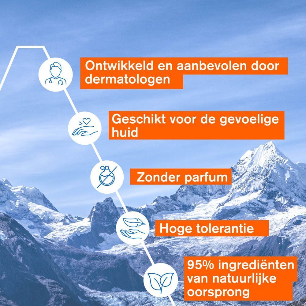 Ontwikkeld en aanbevolen door dermatologen. Geschikt voor de gevoelige huid. Zonder parfum. Hoge tolerantie. 95% ingrediënten van natuurlijke oorsprong.