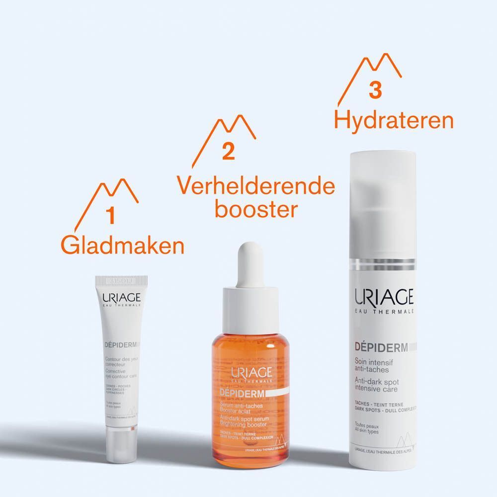 Drie producten: Uriage Dépiderm oogcontourverzorging, serum en intensieve verzorging. Label: Gladmaken, verhelderende booster, hydrateren.