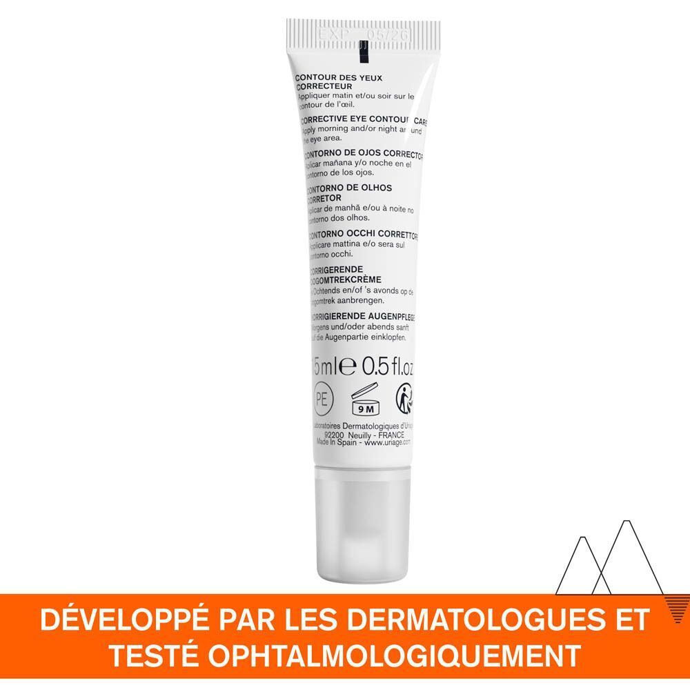 Dos du tube de soin contour des yeux Uriage Dépiderm. Texte multilingue. 15ml, 0,5 fl.oz.